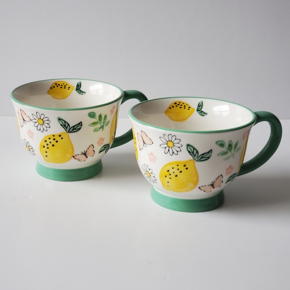 Potter's Studio Footed Mugs Lemons Butterlies Daisies Set of 2